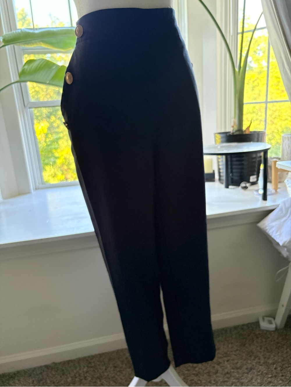 Zara Navy High-Waist Trousers with Gold Button Detail Elastic Waist